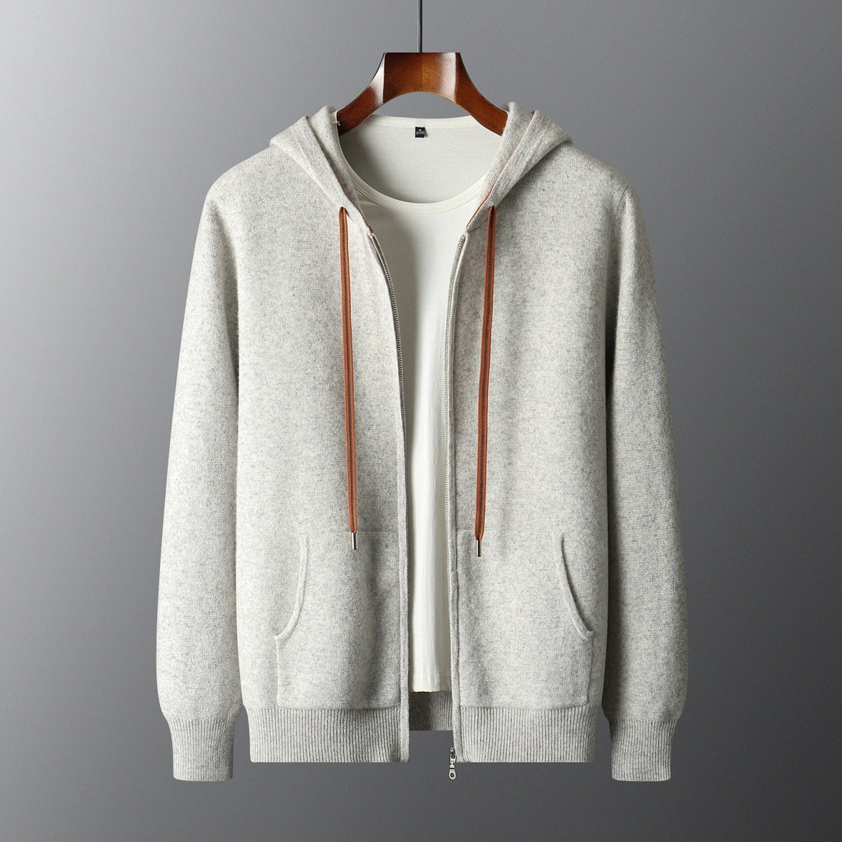 Men's knitted zip-up hoodie with a hood, full-length zip and contrast drawcords