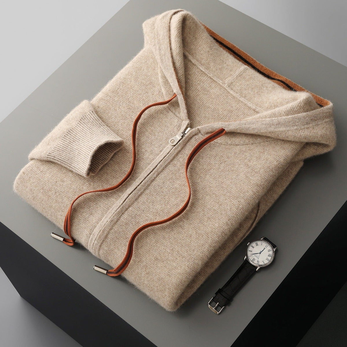 Men's knitted zip-up hoodie with a hood, full-length zip and contrast drawcords - beige