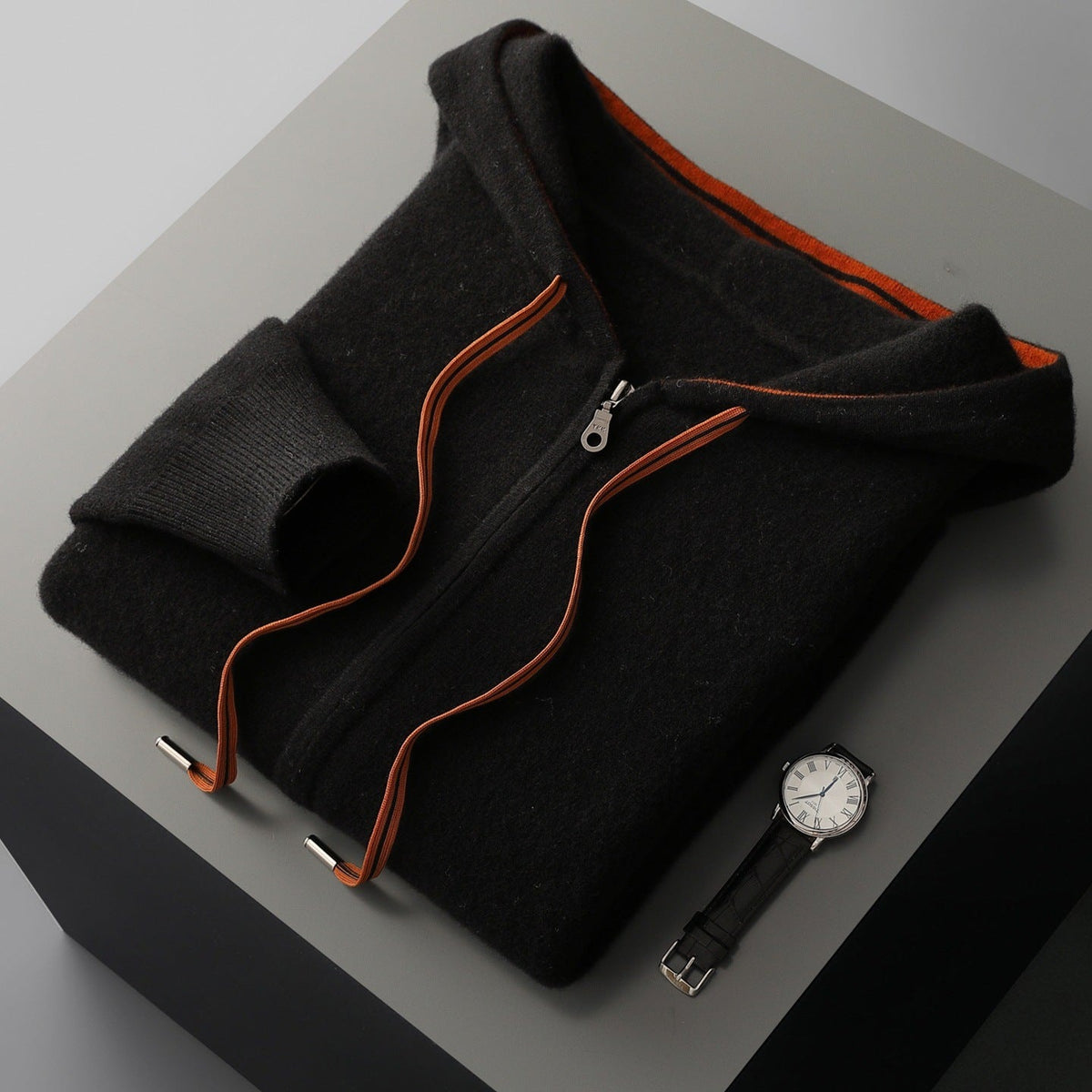 Men's knitted zip-up hoodie with a hood, full-length zip and contrast drawcords - black