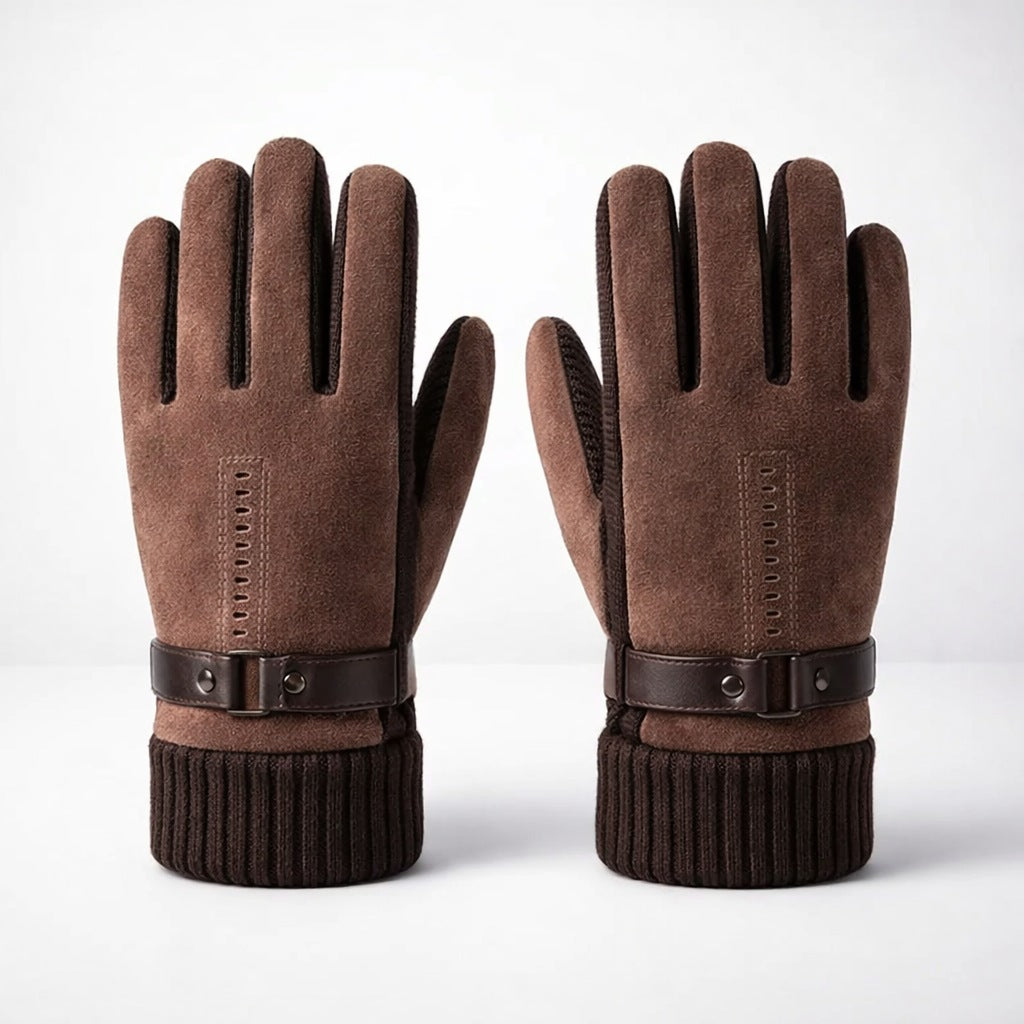 Men's leather gloves with touchscreen fingertips and ribbed knit cuffs - brown