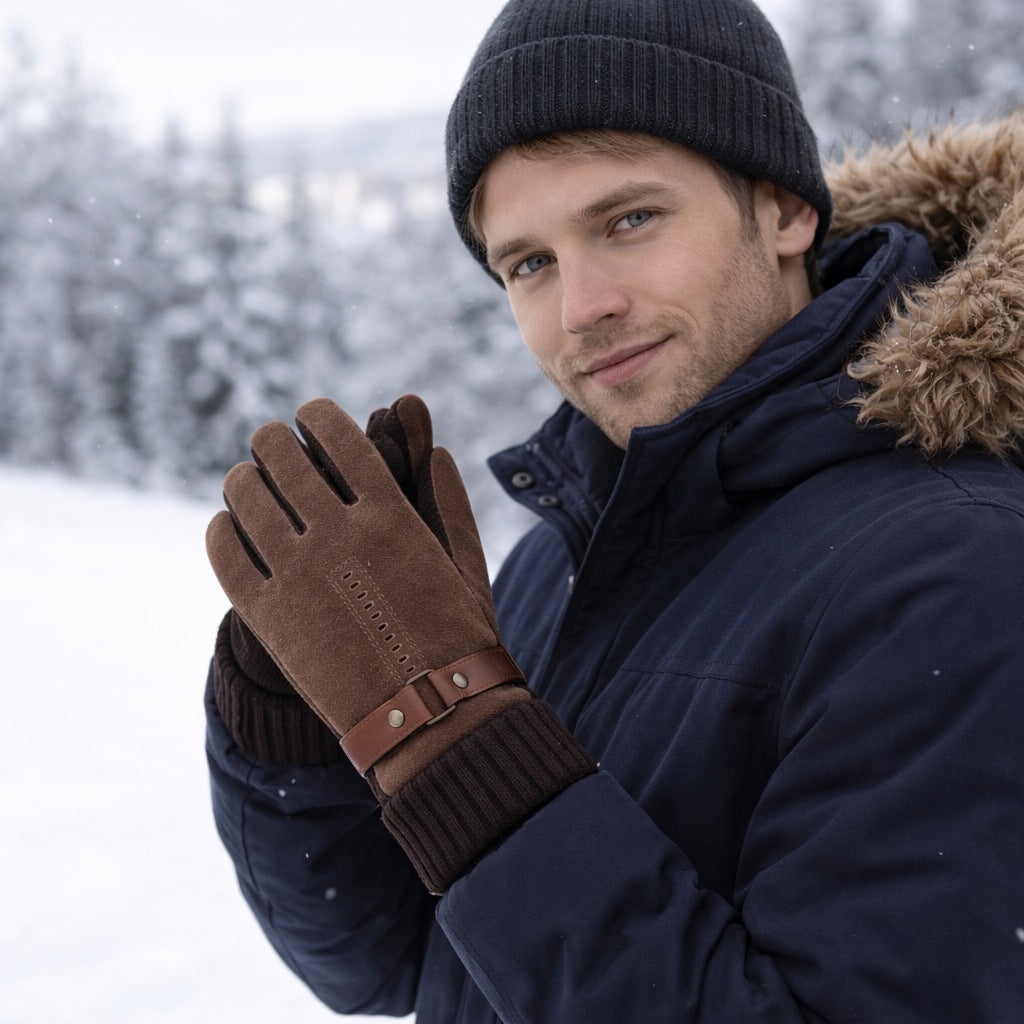 Men's leather gloves with touchscreen fingertips and ribbed knit cuffs - view 2