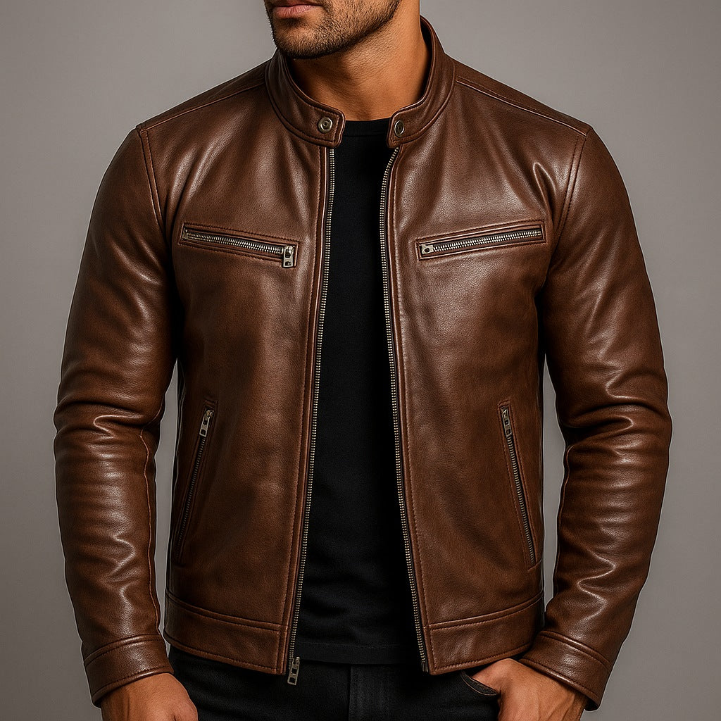Men's leather-look jacket with a stand collar and zip pockets - view 2