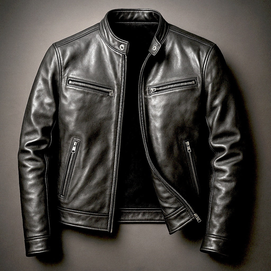 Men's leather-look jacket with a stand collar and zip pockets - black