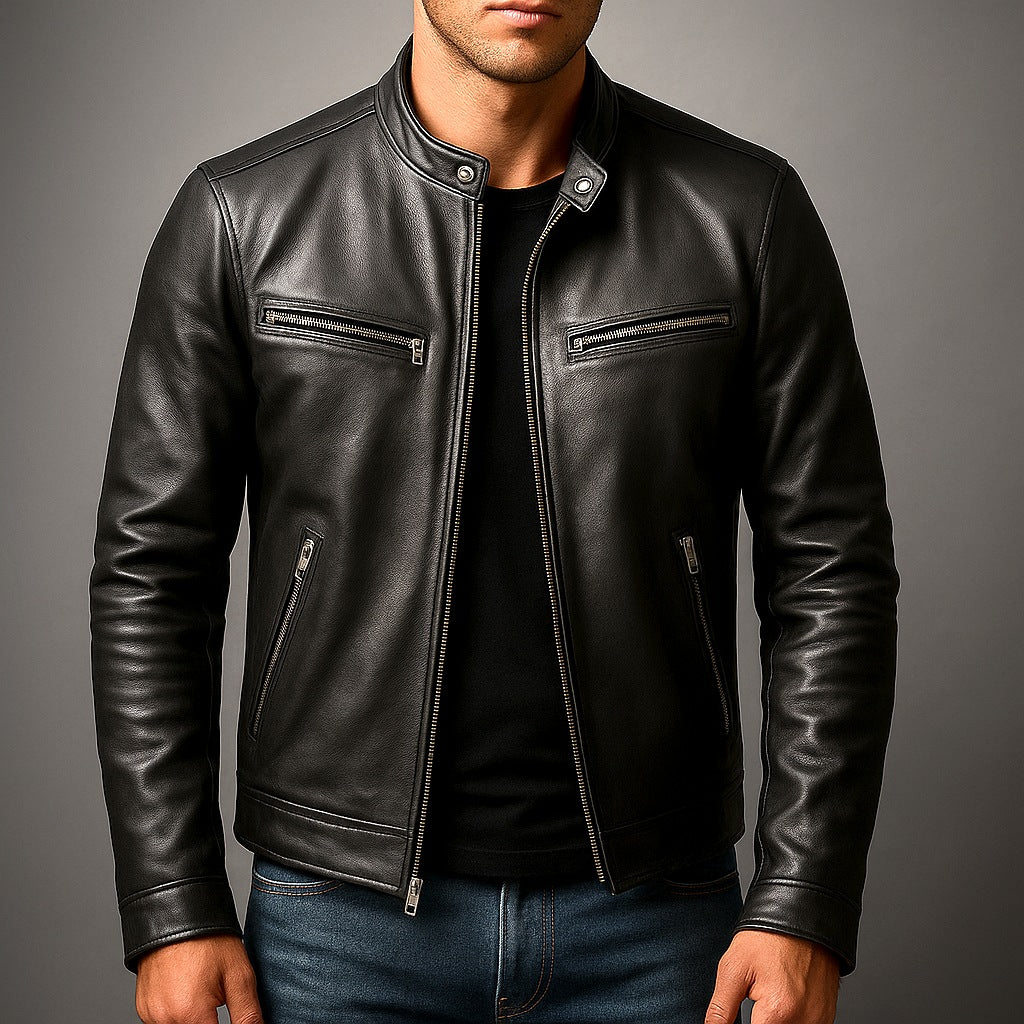 Men's leather-look jacket with a stand collar and zip pockets - view 4