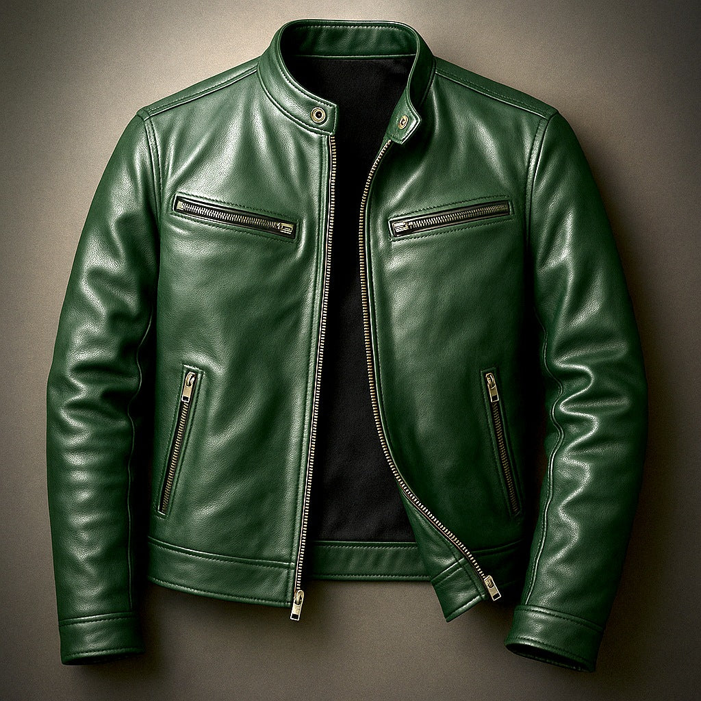 Men's leather-look jacket with a stand collar and zip pockets - dark green