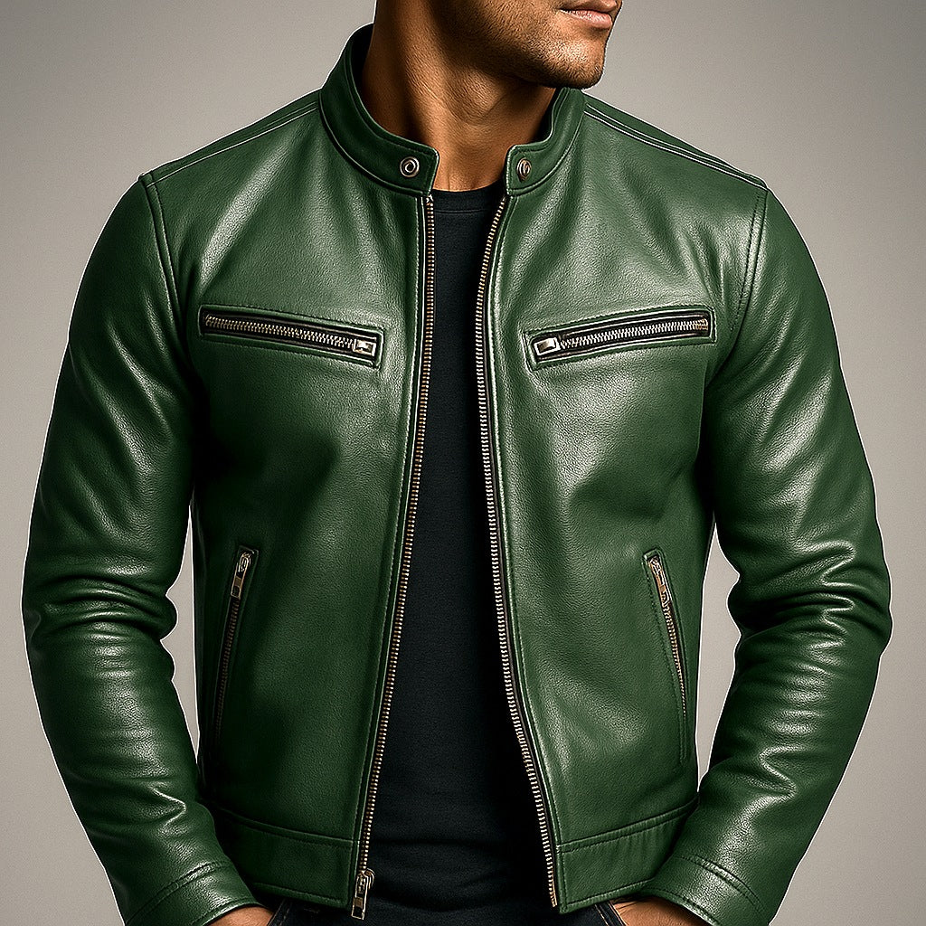 Men's leather-look jacket with a stand collar and zip pockets - view 7