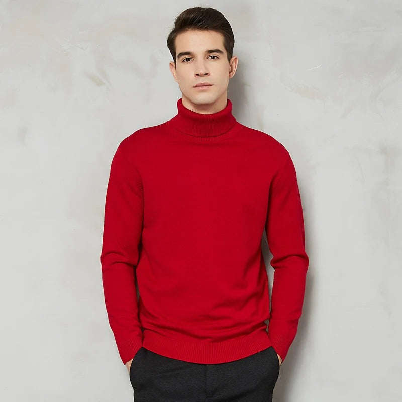 Men's fine knit roll neck jumper with a slim fit and ribbed collar - red
