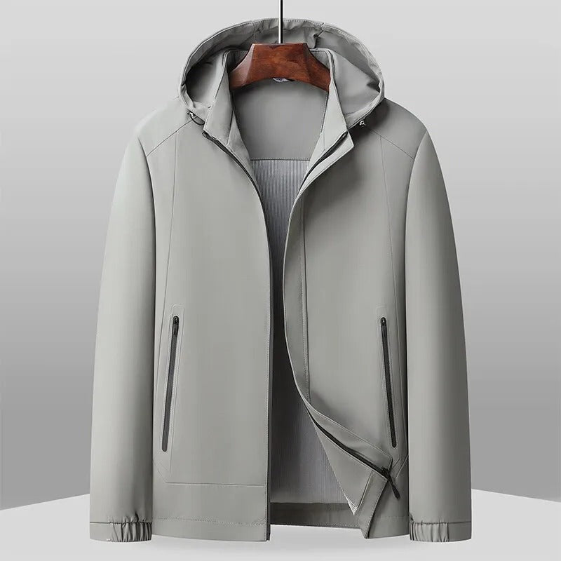 Men's lightweight jacket with a detachable hood, zip pockets and striped lining - light grey