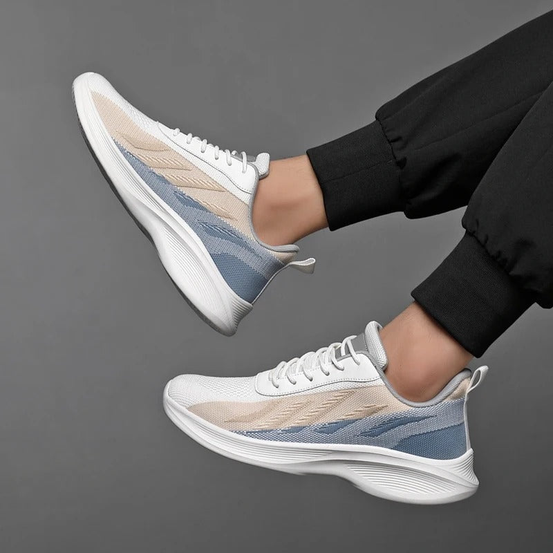 Men's lightweight mesh trainers with a chevron pattern in a colour gradient and a curved white sole - view 5