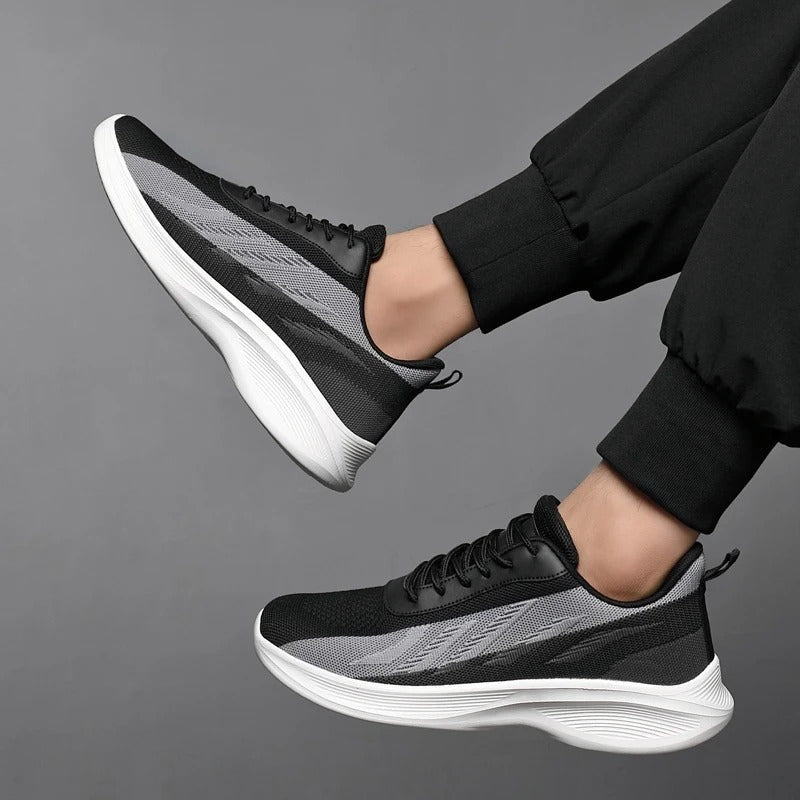 Men's lightweight mesh trainers with a chevron pattern in a colour gradient and a curved white sole - view 6