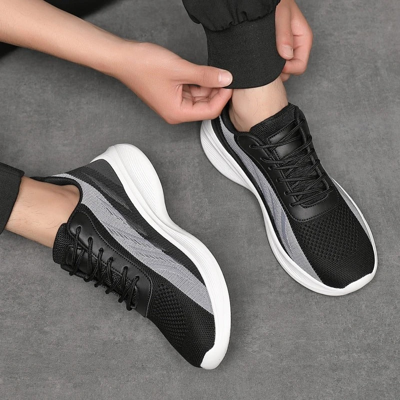 Men's lightweight mesh trainers with a chevron pattern in a colour gradient and a curved white sole - view 8