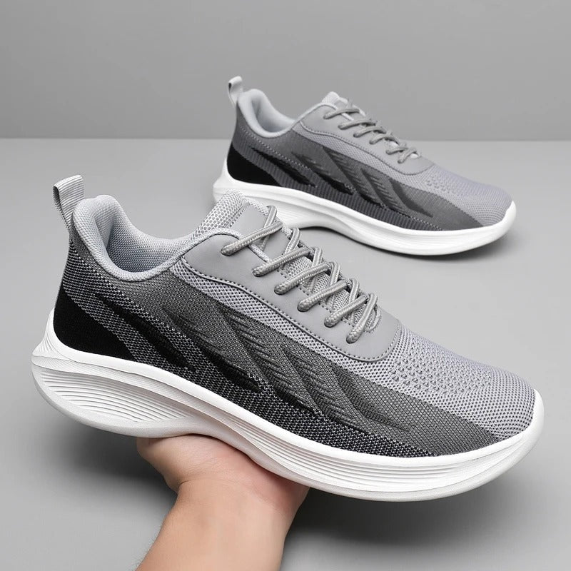 Men's lightweight mesh trainers with a chevron pattern in a colour gradient and a curved white sole - view 9