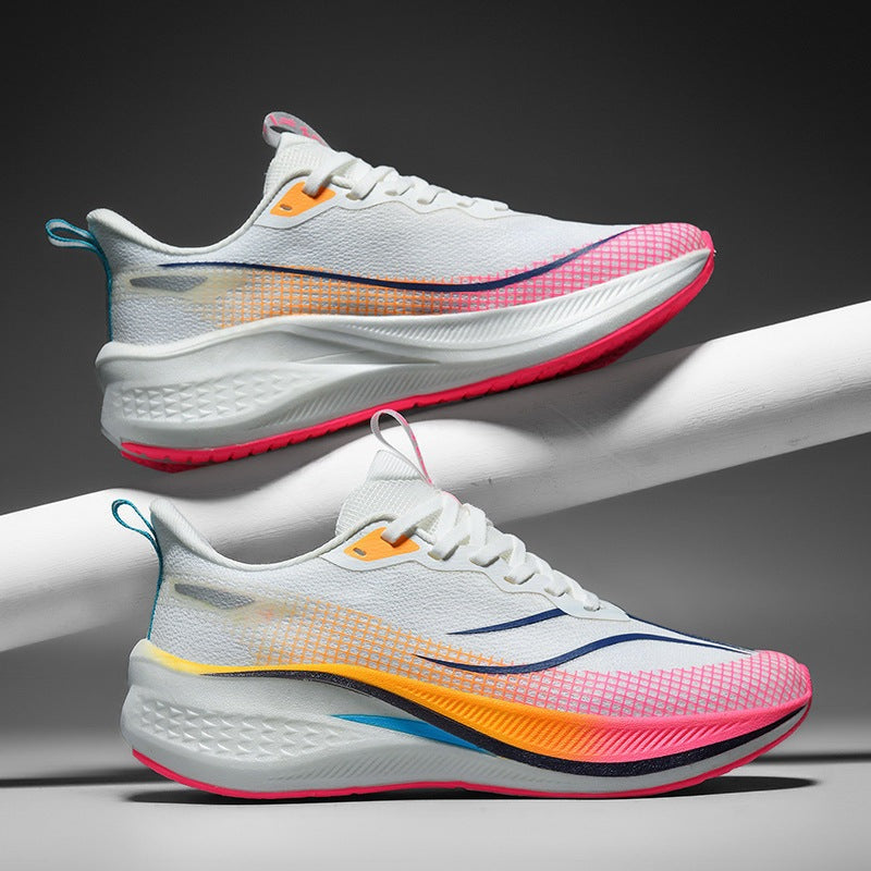 Men's lightweight running trainers with an open mesh upper and a thick foam sole - white and coral