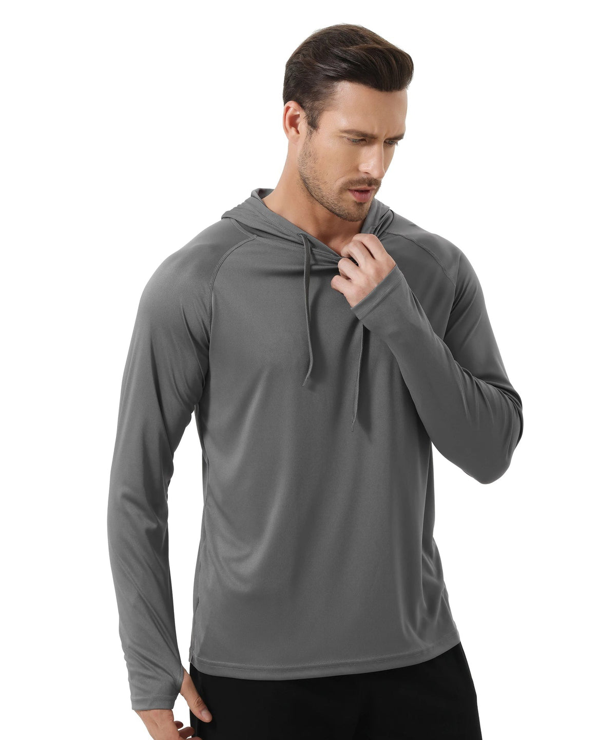 Men's lightweight sports hoodie with a drawcord hood and thumb holes - dark grey
