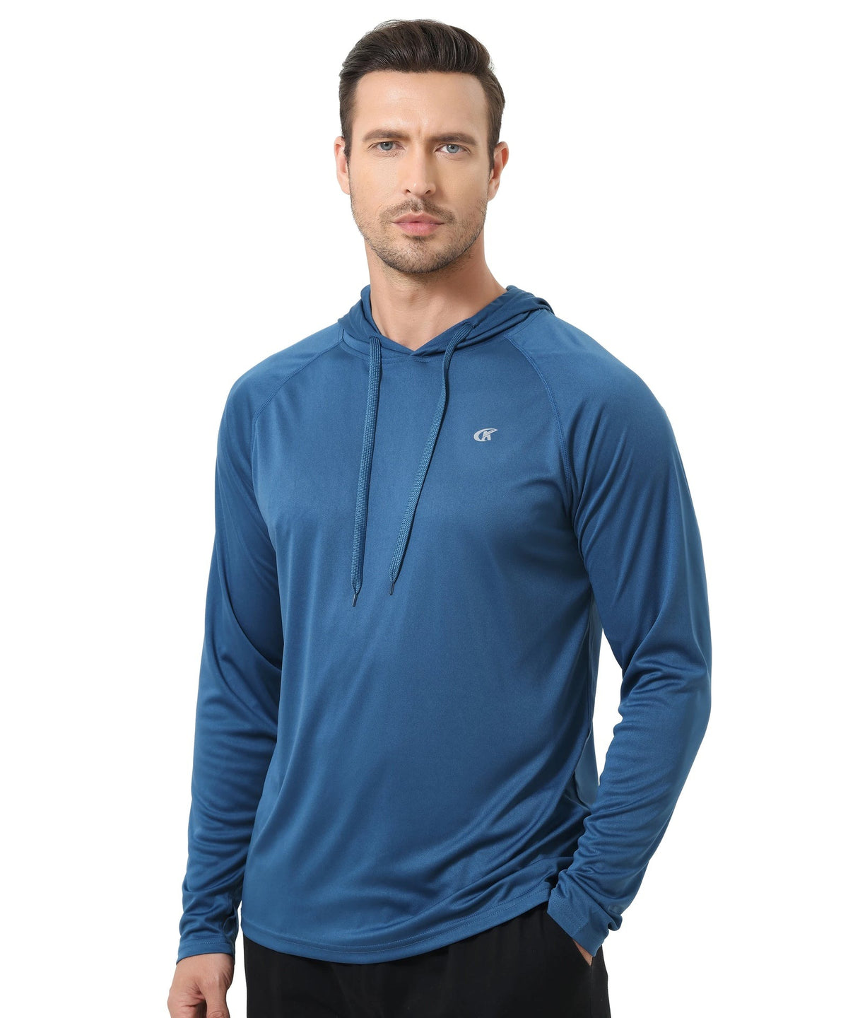 Men's lightweight sports hoodie with a drawcord hood and thumb holes - denim blue
