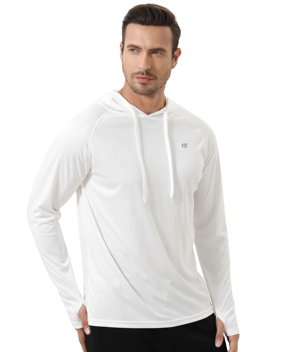 Men's lightweight sports hoodie with a drawcord hood and thumb holes - white