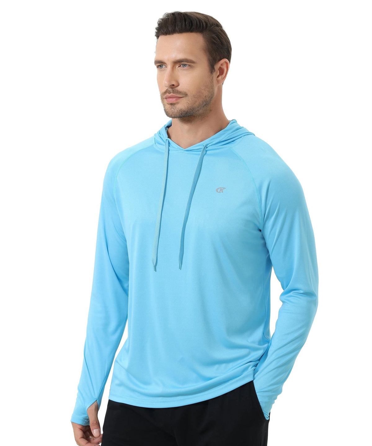 Men's lightweight sports hoodie with a drawcord hood and thumb holes - sky blue