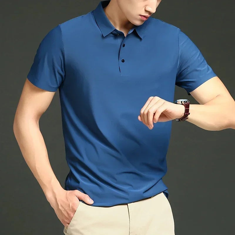 Men's lightweight stretch golf polo with a classic collar and three buttons - mid blue