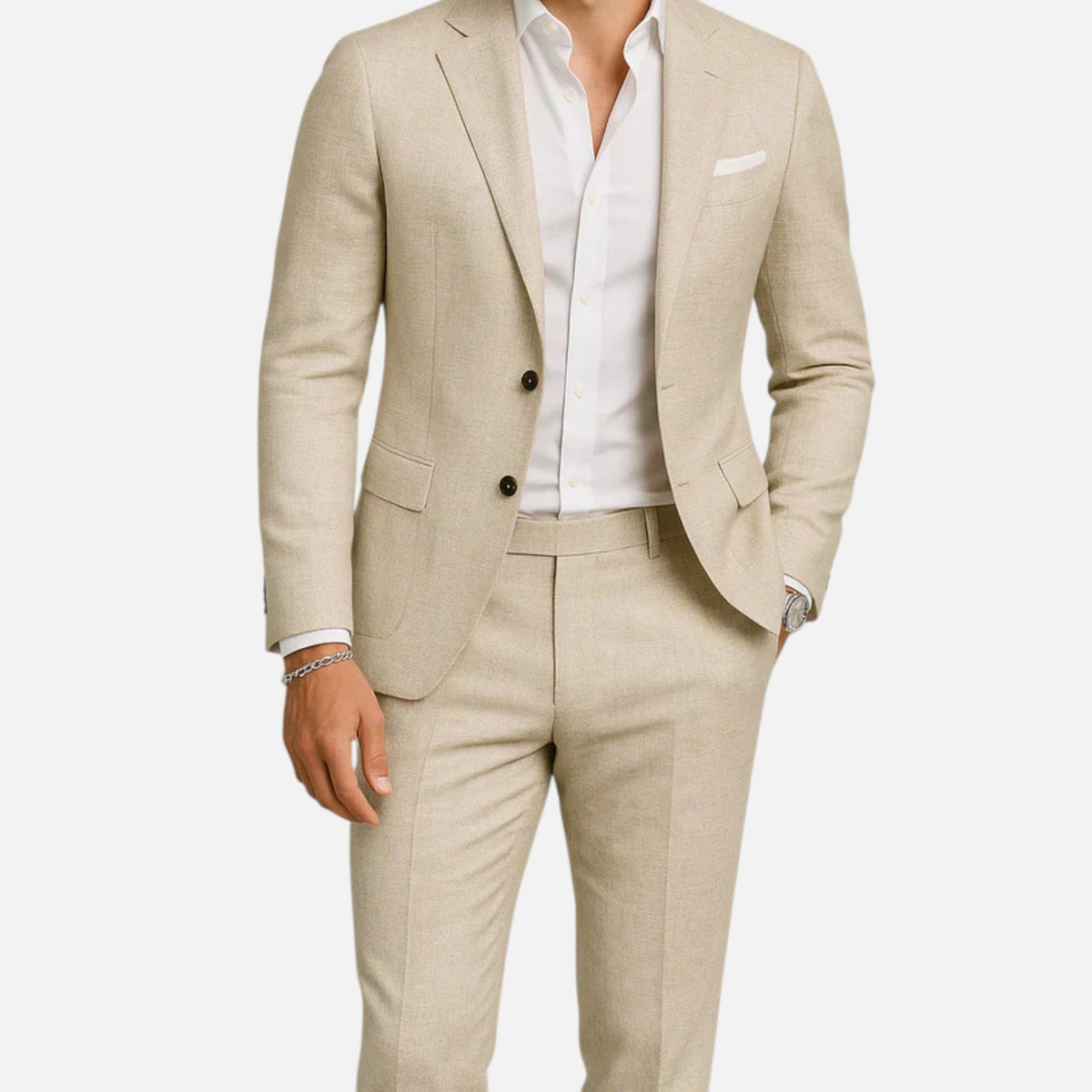 Linen look suit for men with two-button jacket and straight trousers with a pressed crease - beige