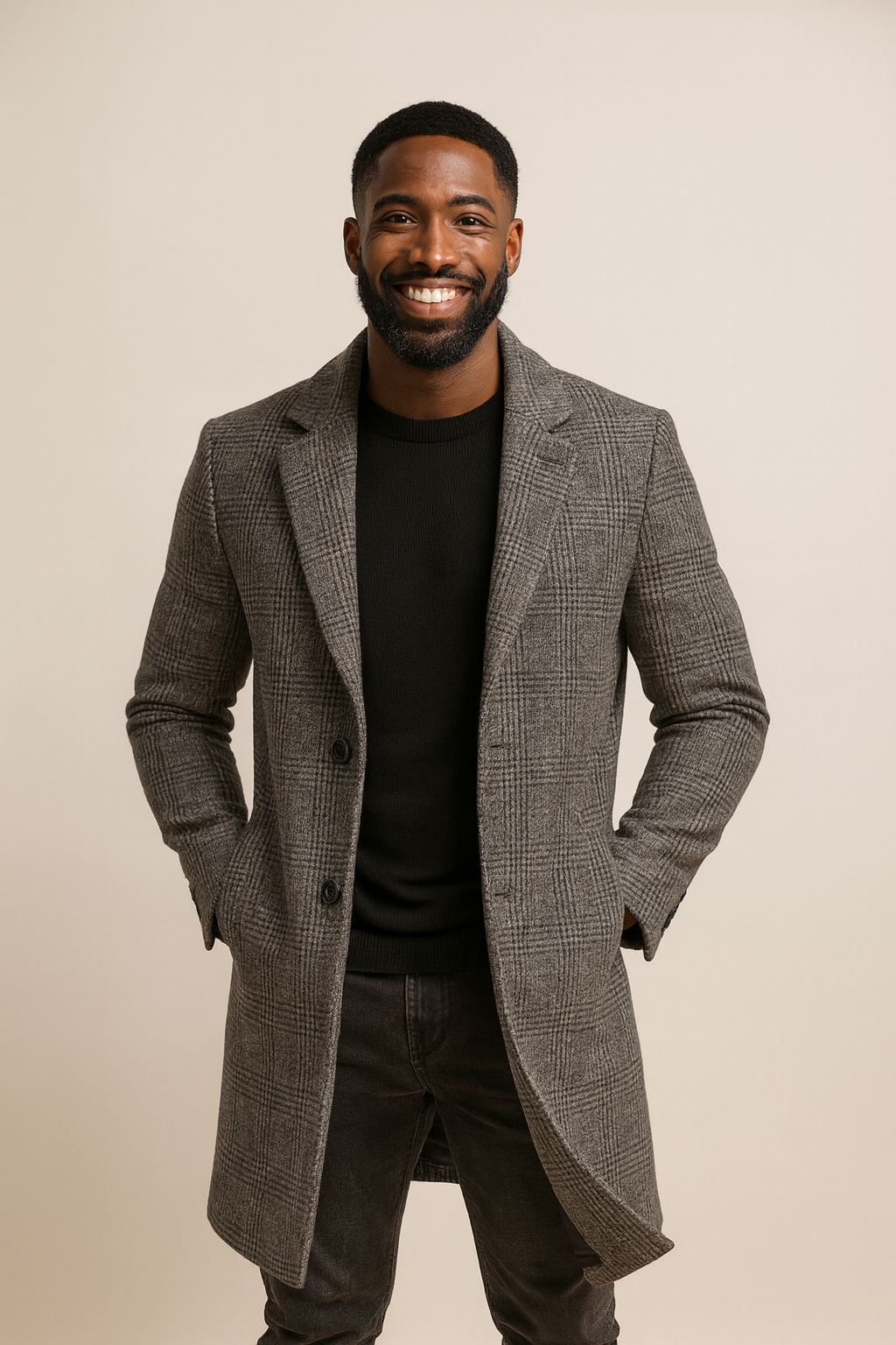Men's long Prince of Wales check overcoat in a wool blend