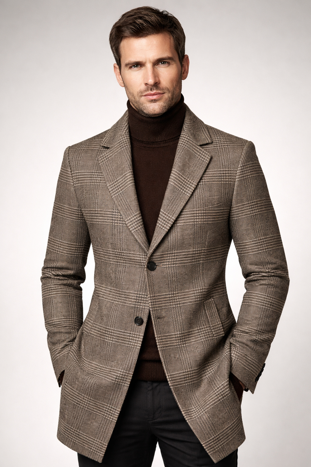 Men's long Prince of Wales check overcoat in a wool blend
