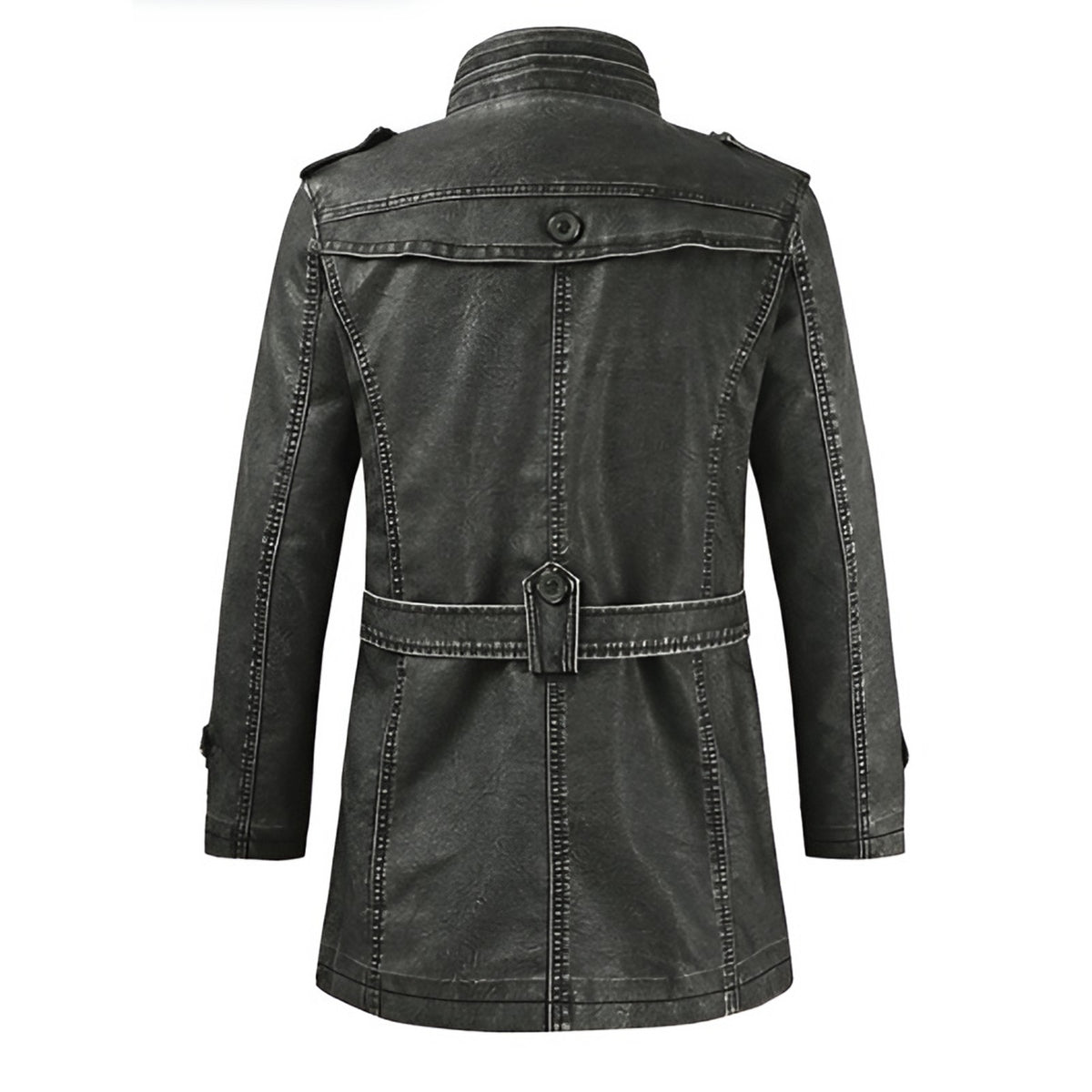 Back of the long leather jacket with belted waist