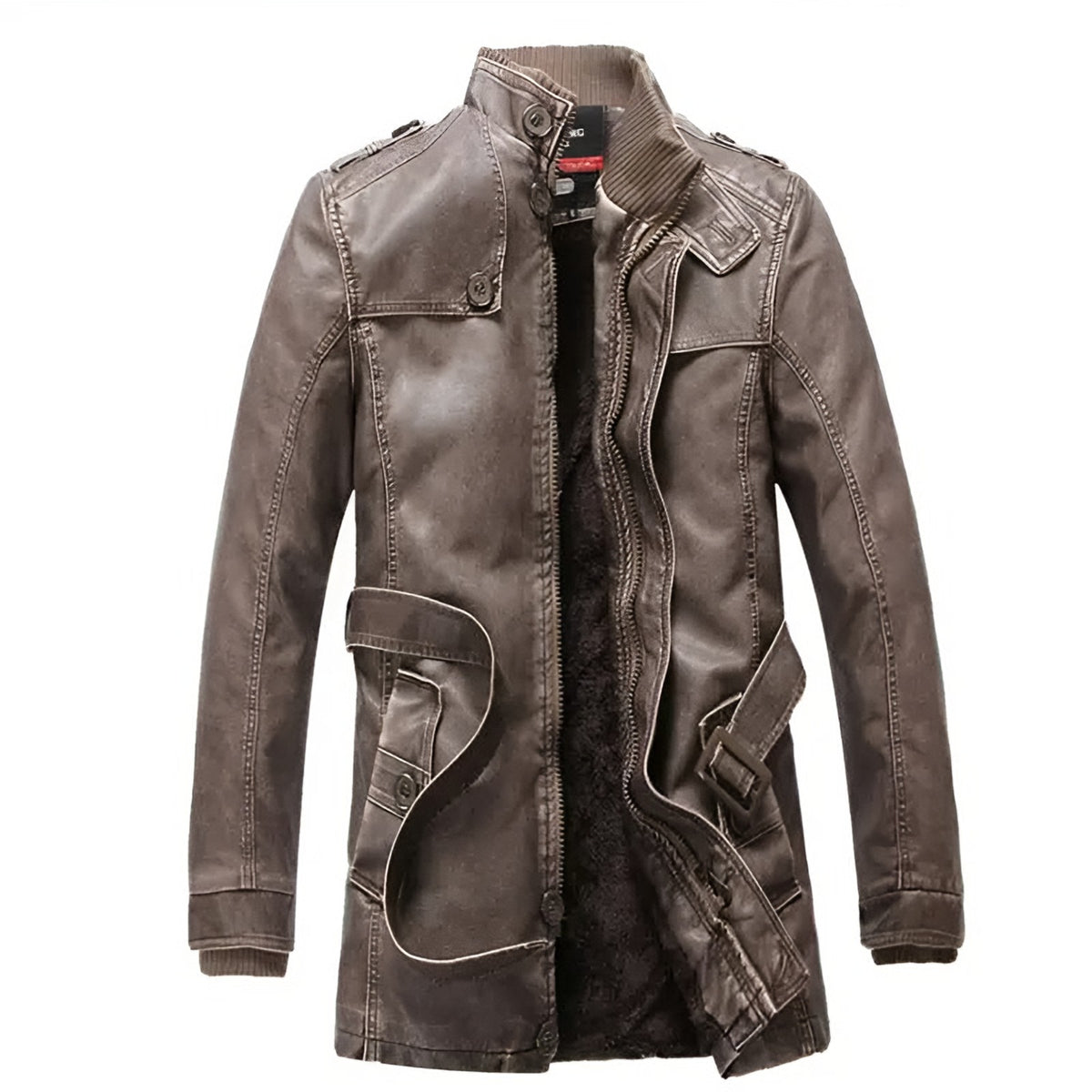 Men's long fleece-lined leather jacket in dark brown, front view