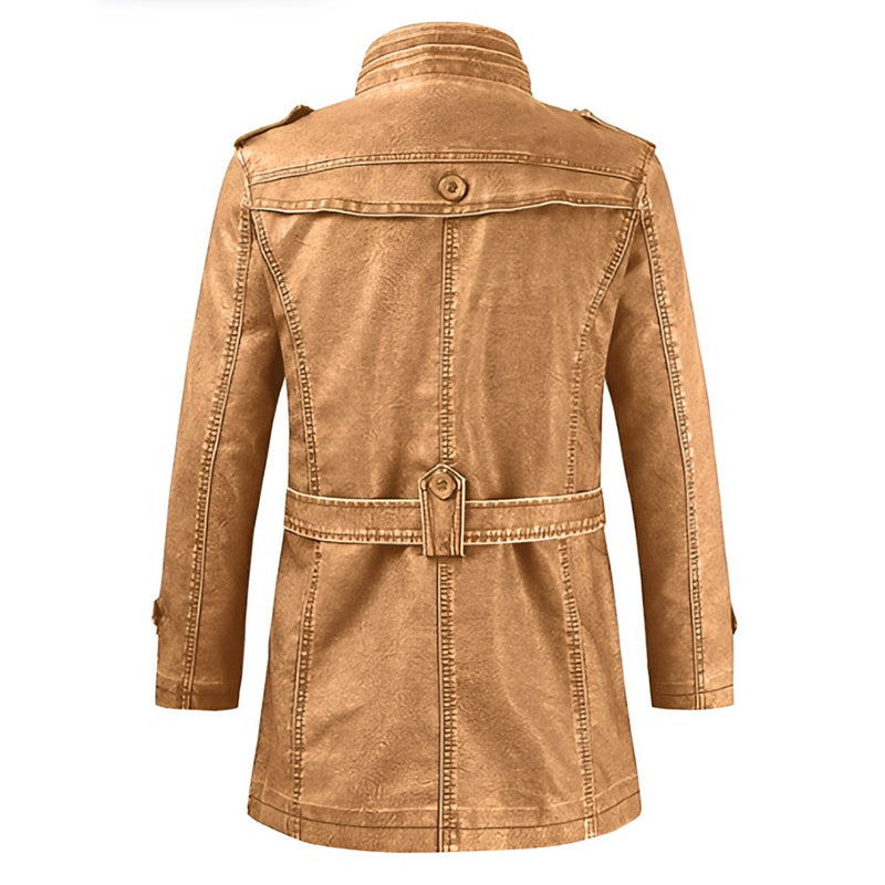 Back of the long leather jacket in light brown with belted waist