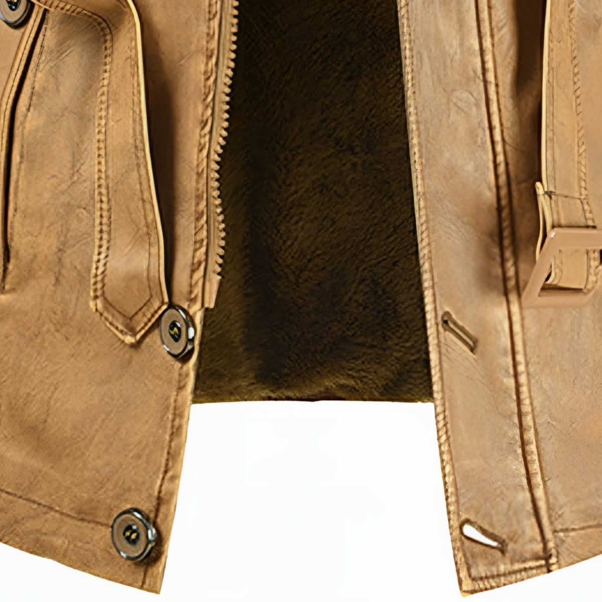 Close-up of the fleece lining and pocket of the light brown leather jacket