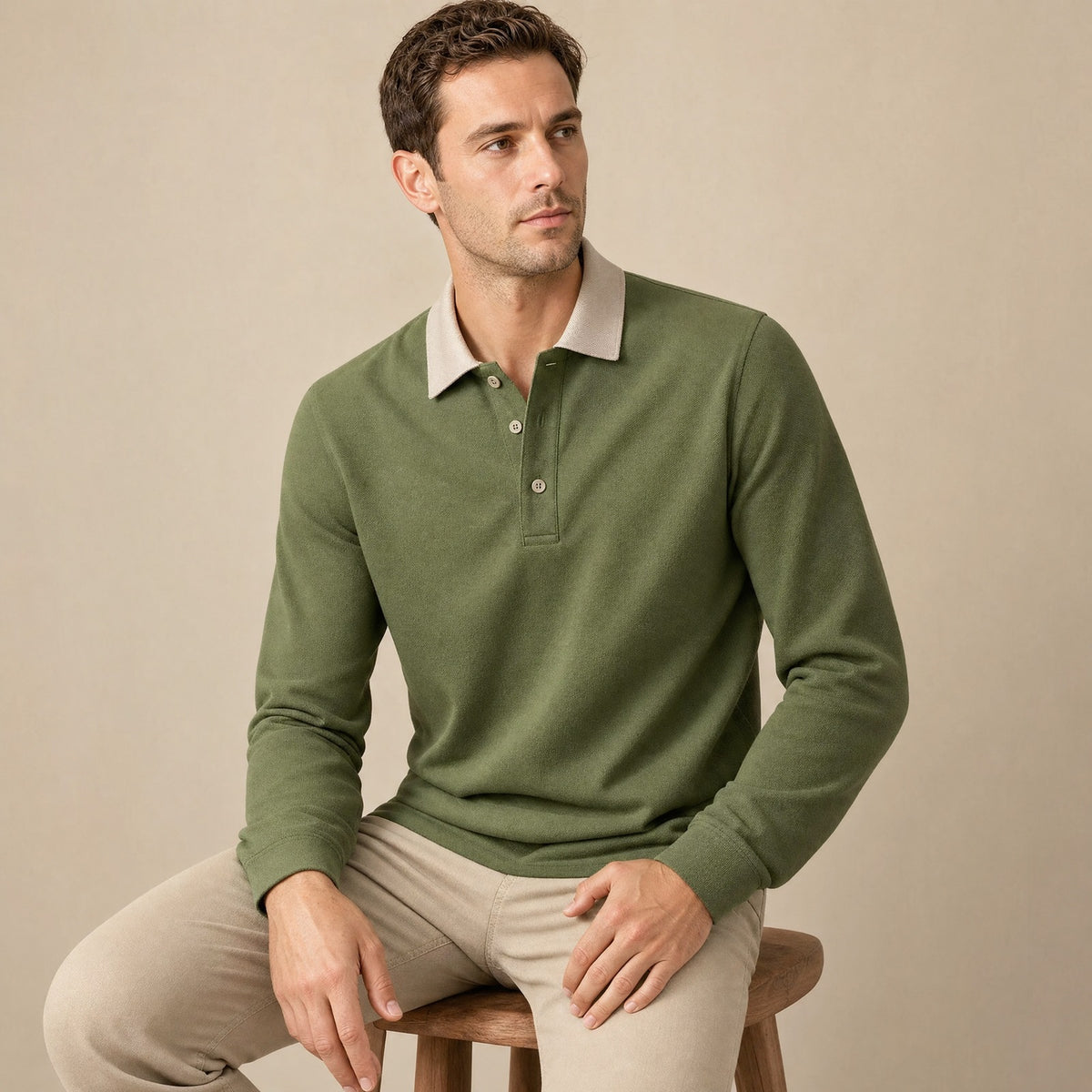 Men's long sleeve polo with a contrast collar and a three-button placket - view 10
