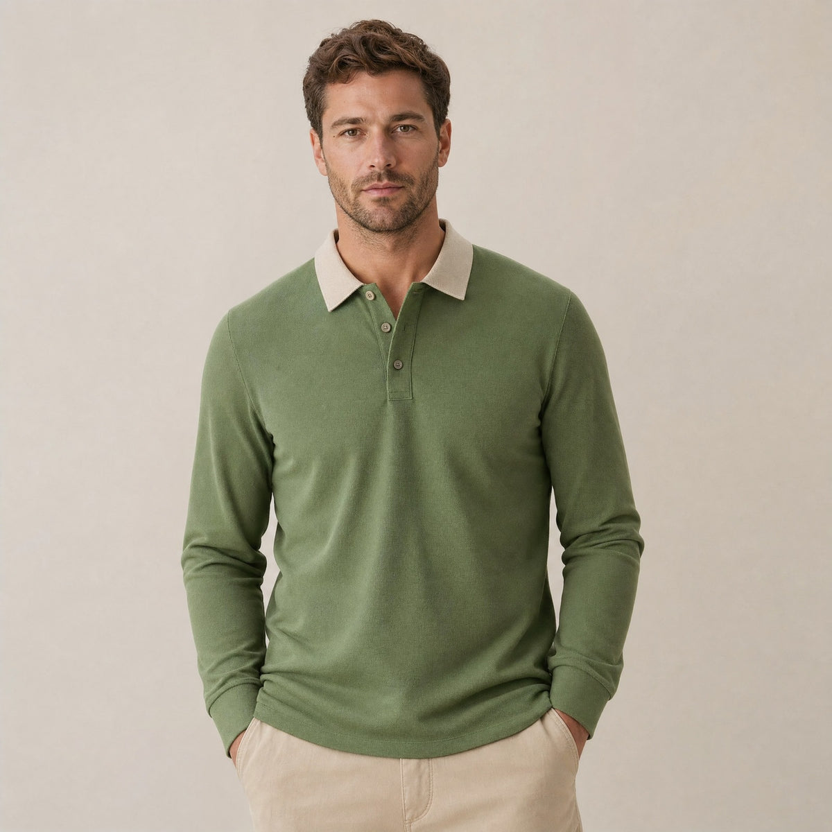 Men's long sleeve polo with a contrast collar and a three-button placket - view 2