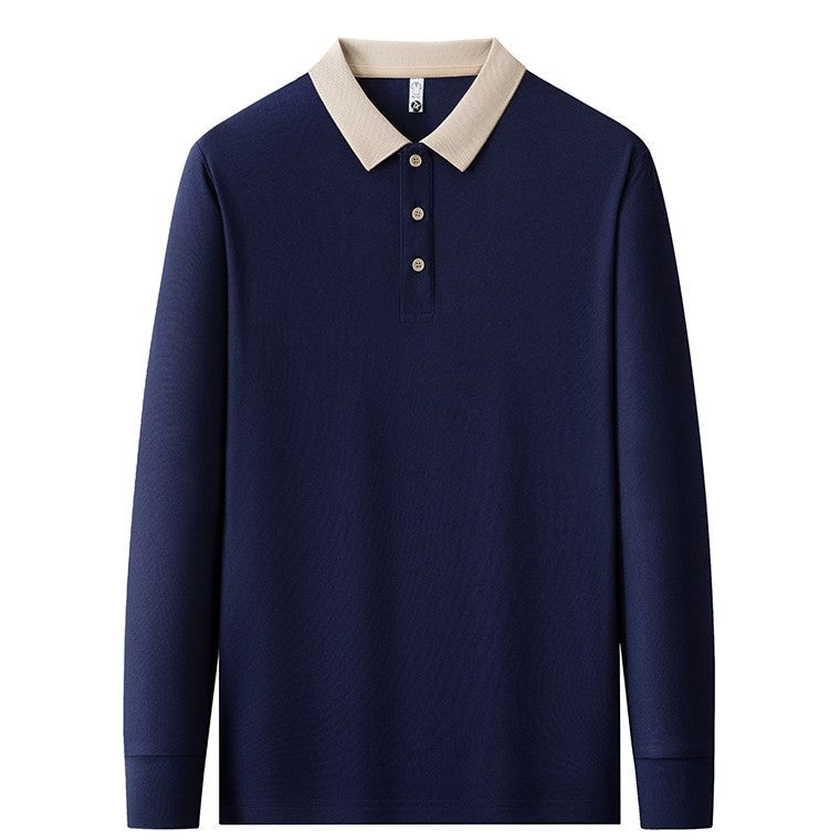 Men's long sleeve polo with a contrast collar and a three-button placket - navy