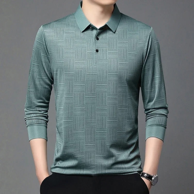 Men's long sleeve polo with a tonal raised basket weave pattern - mint green
