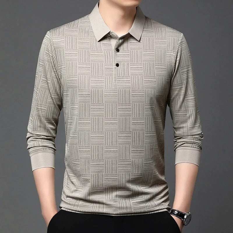 Men's long sleeve polo with a tonal raised basket weave pattern - view 3