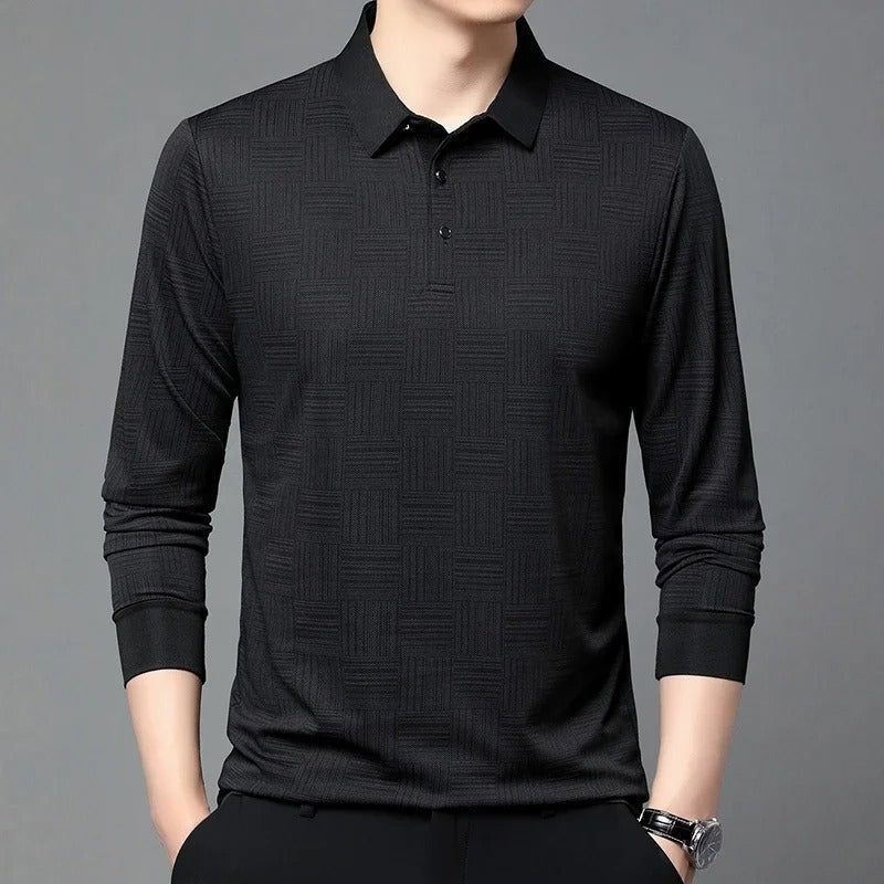 Men's long sleeve polo with a tonal raised basket weave pattern - view 5