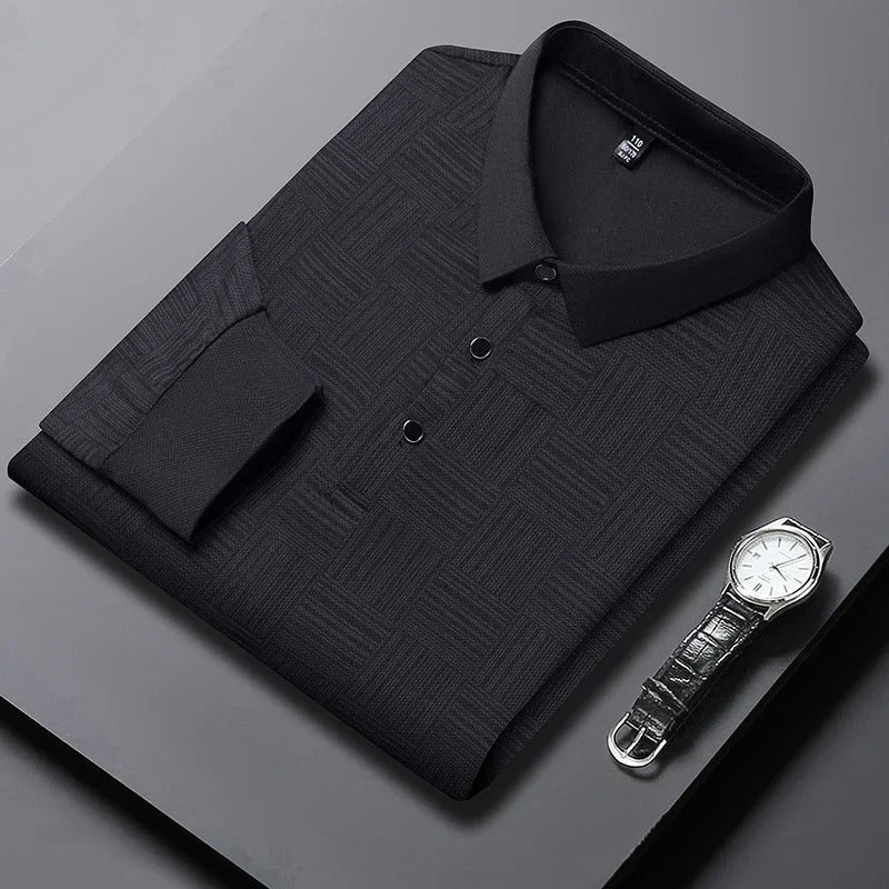 Men's long sleeve polo with a tonal raised basket weave pattern - black