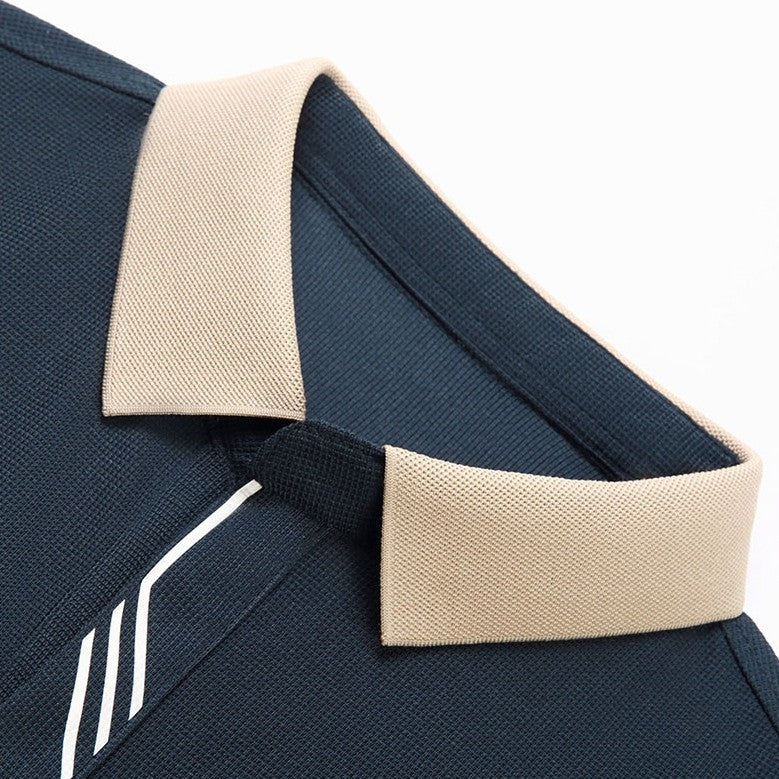 Men's long sleeve polo with a contrast collar and diagonal stripes by the placket - view 3