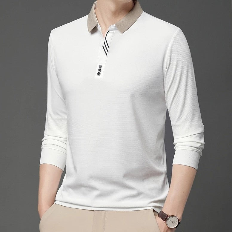 Men's long sleeve polo with a contrast collar and diagonal stripes by the placket - white