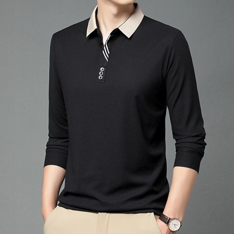 Men's long sleeve polo with a contrast collar and diagonal stripes by the placket - black