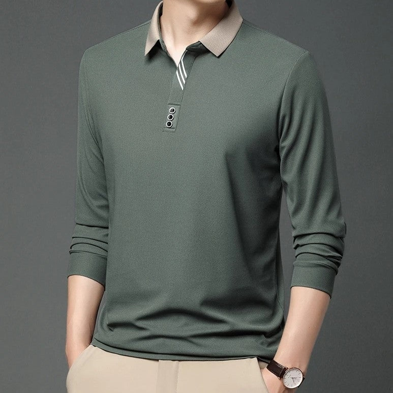 Men's long sleeve polo with a contrast collar and diagonal stripes by the placket - sage green