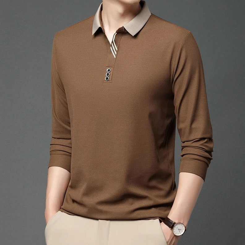 Men's long sleeve polo with a contrast collar and diagonal stripes by the placket - cognac