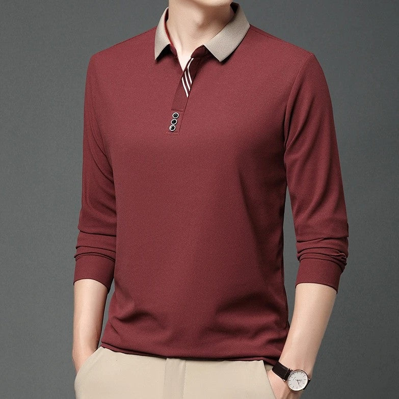 Men's long sleeve polo with a contrast collar and diagonal stripes by the placket - wine red