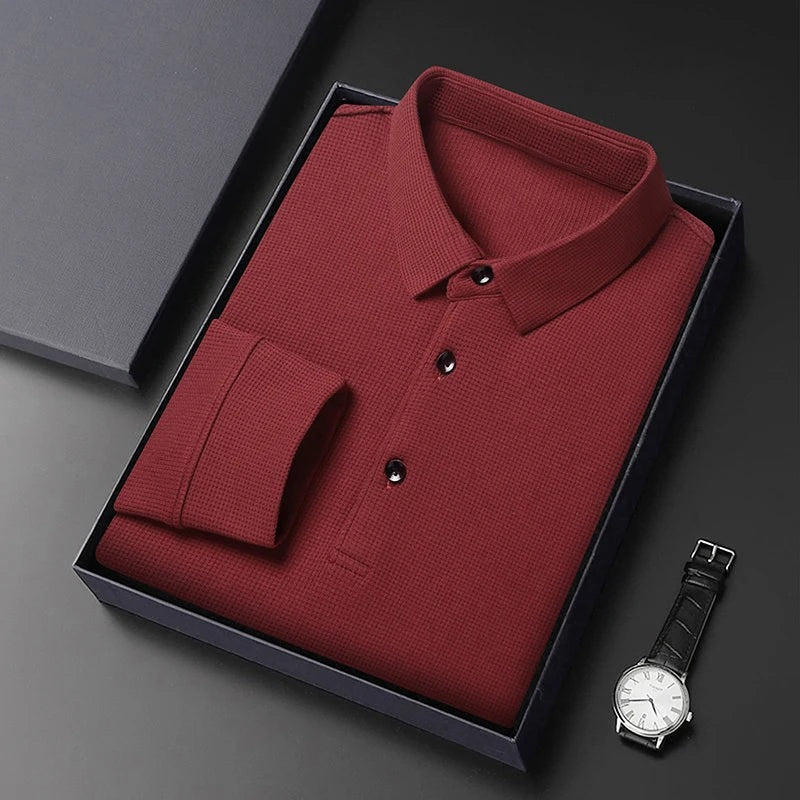 Men's long sleeve waffle knit polo with a classic collar and three buttons - burgundy