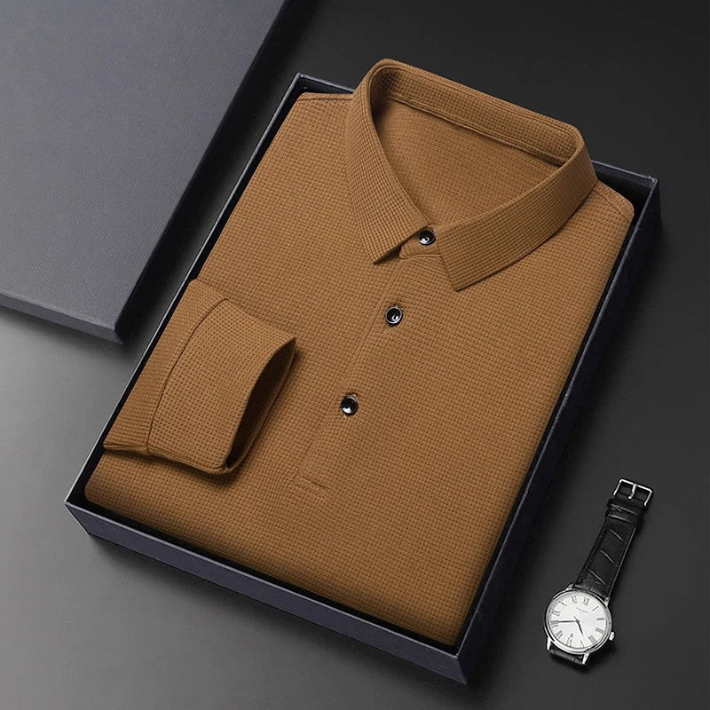 Men's long sleeve waffle knit polo with a classic collar and three buttons - camel