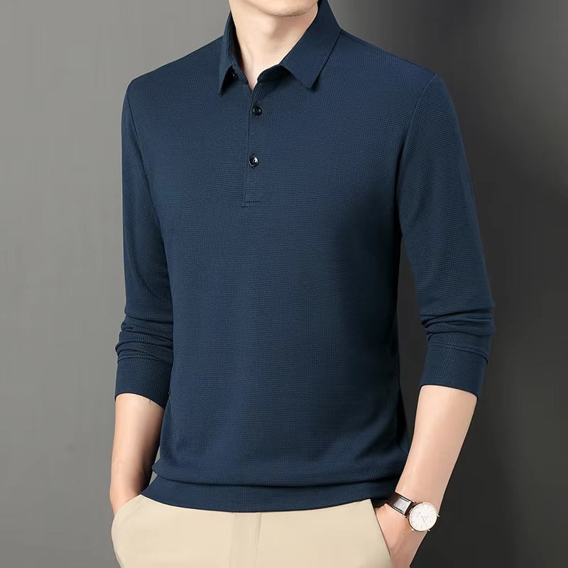 Men's long sleeve waffle knit polo with a classic collar and three buttons - view 5