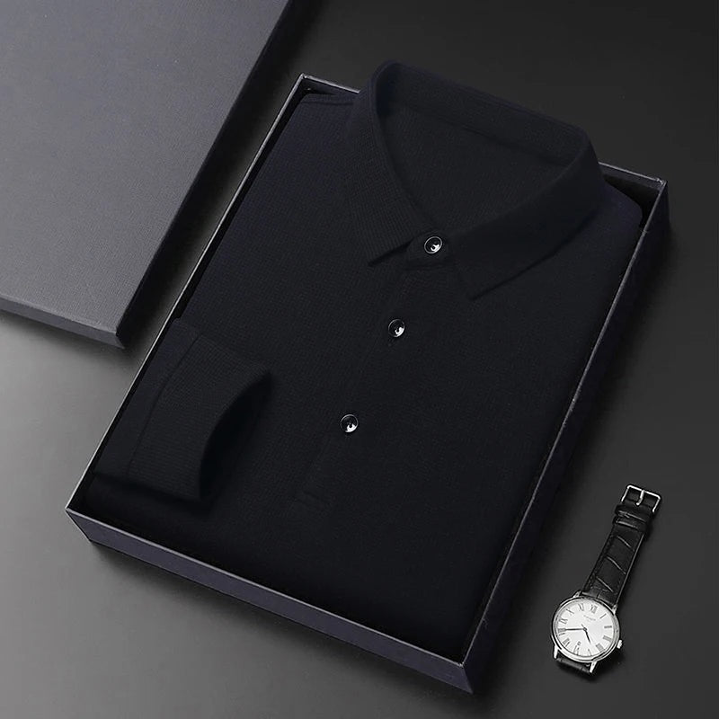 Men's long sleeve waffle knit polo with a classic collar and three buttons - black