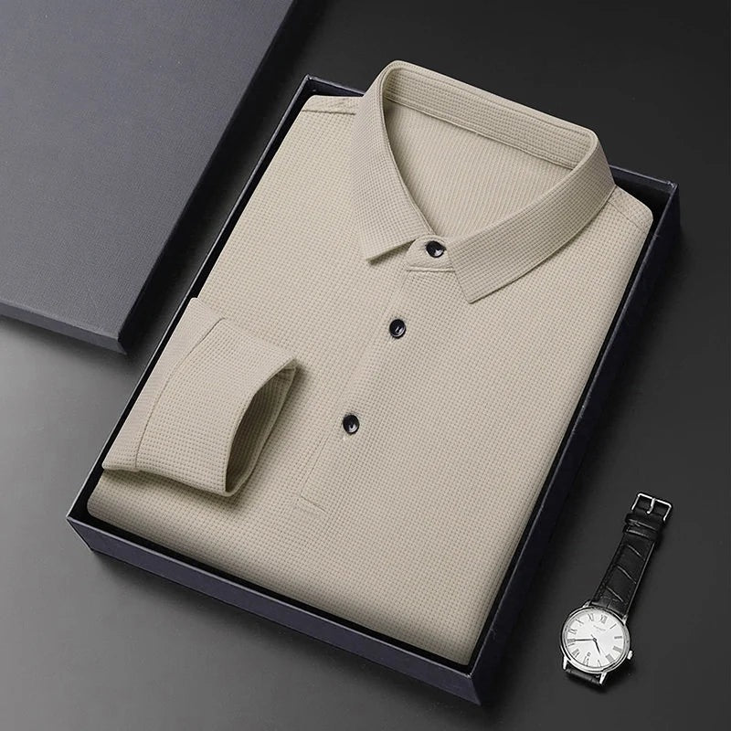 Men's long sleeve waffle knit polo with a classic collar and three buttons - light beige
