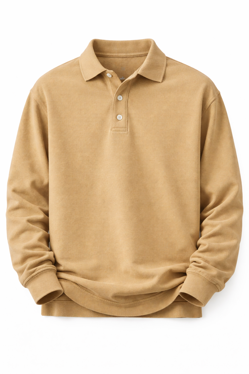Men's long-sleeve polo in a washed sweatshirt fabric - sand