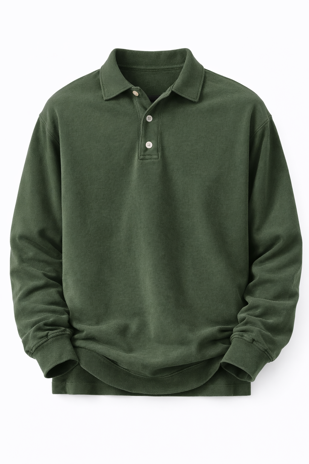 Men's long-sleeve polo in a washed sweatshirt fabric - dark green