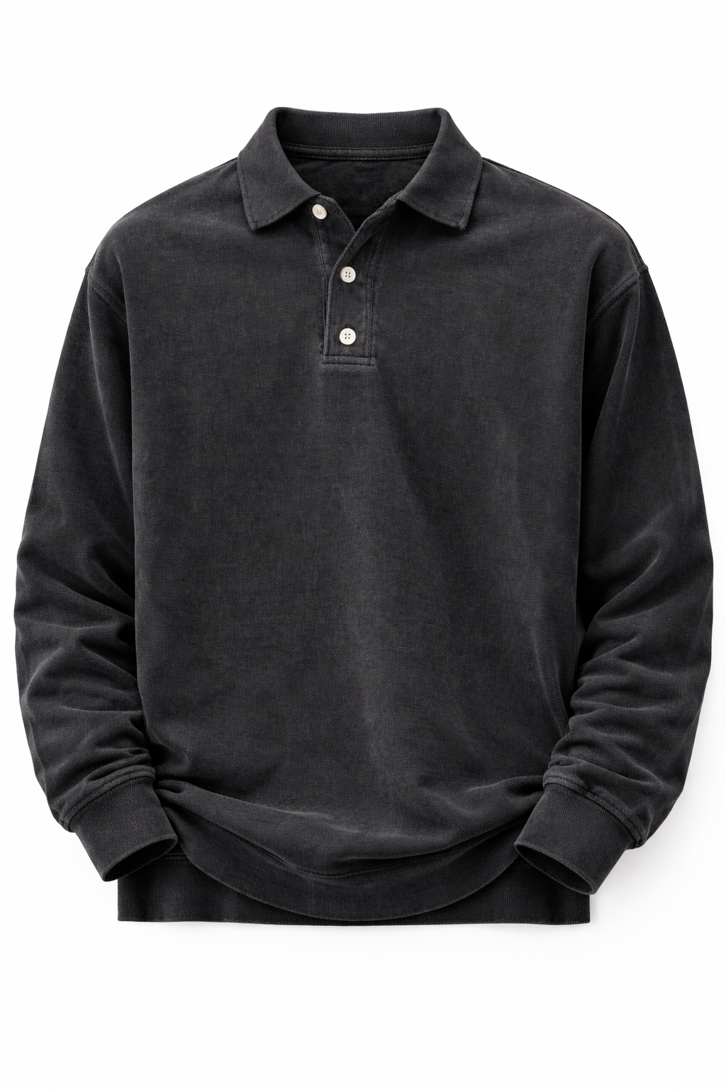Men's long-sleeve polo in a washed sweatshirt fabric - black